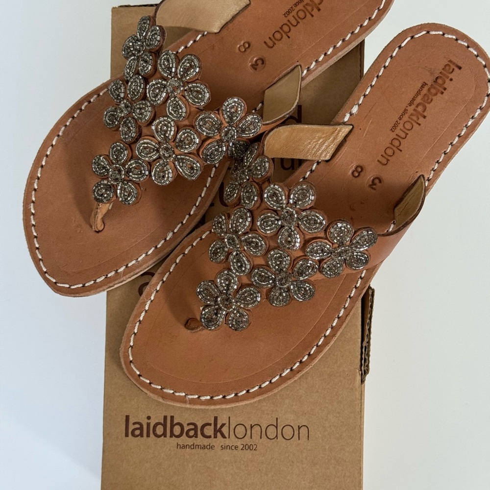 Laidback London Brown Leather Beaded Slides- size 37 - Never Worn